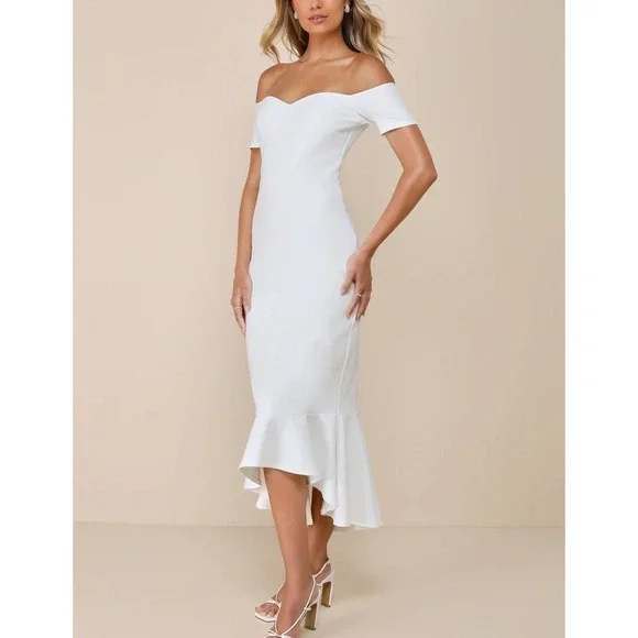 NWOT Lulus How Much I Care Ivory Off-the-Shoulder Midi Dress M Wedding Bridal - Picture 3 of 14